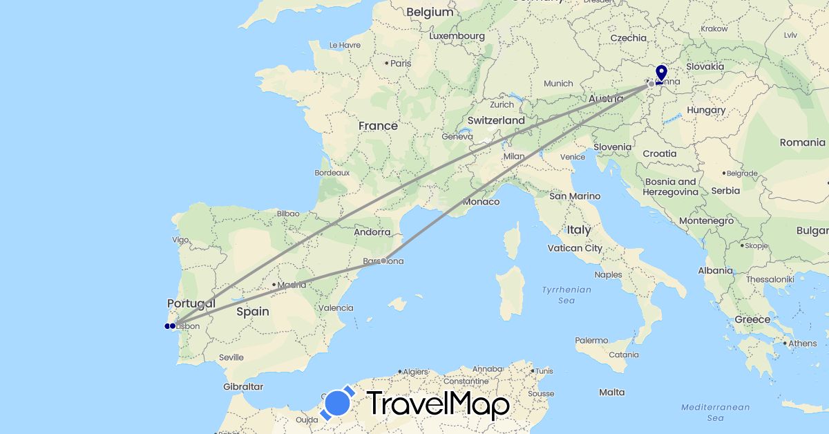 TravelMap itinerary: driving, plane in Austria, Spain, Portugal, Slovakia (Europe)